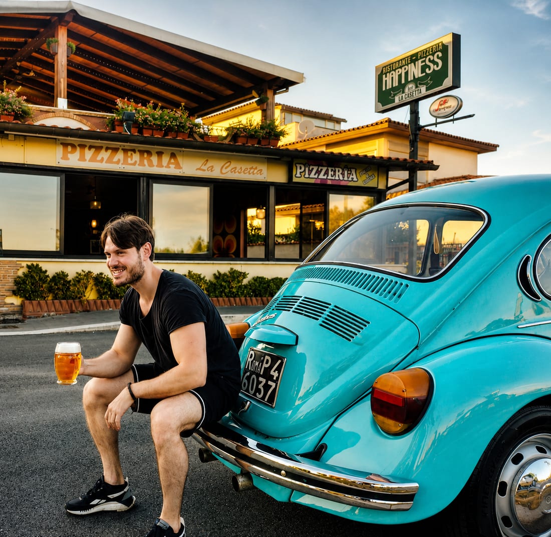 Il titolare di Happiness La Casetta brinda con una birra davanti al locale di Viale Danimarca, seduto sul paraurti di un Maggiolino d'epoca